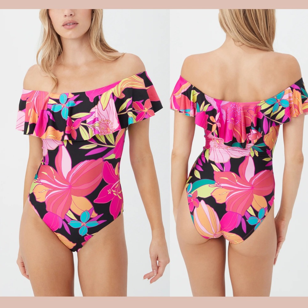 NWD Trina Turk [ 2 ] Solar Floral Ruffle Off Shoulder One Piece Swimsuit T1998‎